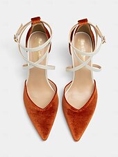 preiswerte Halbformell-schicke zweifarbige Damen-Pumps mit Fesselriemchen - elegantes Wildleder-Finish in gebranntem Orange und Creme, perfekt fürs Büro und Abend-Outfit