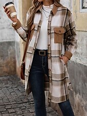 billiga Kappor och trenchcoats-Dam Kappa Utomhus Gata Dagliga kläder Höst Vinter Normal Täcka Normal Håller värmen Andningsfunktion Stylish Ledigt Jacka Långärmad Ränder och pläd Med fickor Kaffe