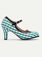 levne 50. léta 20. století-Dámské Podpatky Retro Mary-jane Práce Denní Pléd Barevné bloky Přezky Vysoký úzký Oblá špička Elegantní Vinobraní PU Látka Spona Černobílá bílá a zelená Červená