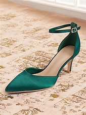cheap Semi-Formal-Women&#039;s Emerald Green Satin Ankle Strap Heels - Elegant Pointed-Toe Stiletto for Parties, Weddings, and Special Occasions