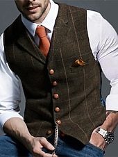  gilet da uomo in tweed, gilet, moda vintage, primavera e autunno, bottoni, misto lana, comodo, semplice, monopetto, scollo a V, vestibilità regolare, verde scuro, blu navy, grigio scuro, grigio chiaro.