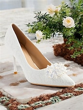 billige Formell-kvinners elegante hvite blonder høyhælte pumps med perler av blomsterapplikasjoner for bryllup og formelle arrangementer