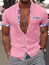 cheap Vacation-Men&#039;s Shirt Linen Shirt Summer Shirt Beach Wear Casual Shirt Button Up Shirt Color Block Vacation Curise Black White Pink Navy Blue Short Sleeve Lapel Summer Clothing Apparel Patchwork