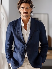 billiga Herrarnas Elite Ytterkläder-Herr Kavajjacka Bröllop Årsdag Fest Sommar Vår 100% Linne Linne Ensfärgat Enkelknäppt med Ett Knapphål Blazer Vit Marinblå Blå Beige