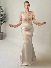 preiswerte Sekt-Meerjungfrau Abendkleid Elegantes Kleid Formelles Bodenk Länge Langarm Illusion-Ausschnitt Champagner Mutter der Braut Kleid Pailletten mit Perlen Überrock 2025