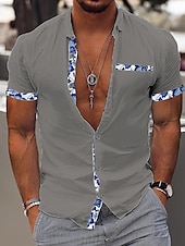 cheap Vacation-Men&#039;s Shirt Linen Shirt Summer Shirt Beach Wear Casual Shirt Button Up Shirt Color Block Vacation Curise Black White Pink Navy Blue Short Sleeve Lapel Summer Clothing Apparel Patchwork
