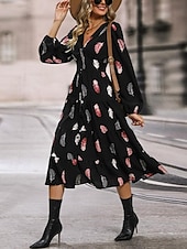 cheap Casual Dress-Women&#039;s Feather Print V Neck Midi Dress 3/4 Length Sleeve Spring Fall