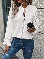 economico Top in Pizzo-Top in pizzo elegante bianco da donna blusa all&#039;uncinetto casual colore solido con lacci frontali maniche lunghe top regolari scollo a V abbigliamento quotidiano romantico top petite estivi per