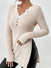 preiswerte Spitzenoberteile-Damen Weiße Elegante Spitzen Tops Loch Bluse Stylisch Modern Einfarbige Spitze Lange Ärmel Lange Tops V-Ausschnitt Arbeit Täglich Romantische Petite Tops Sommer Urlaub Trag Weiß Frühling Herbst