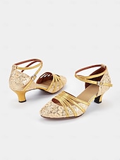 economico Scarpe per balli latini-scarpe da ballo latino da donna con brillantini dorati, lacci e cinturini incrociati - eleganti calzature da ballo da sala