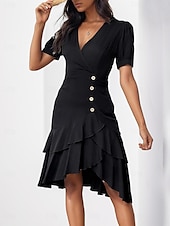 ieftine rochie midi neagra-Pentru femei Rochie neagra Rochie Mini Bufantă Buton Muncă Dată Oficial În V Manșon scurt Negru Culoare