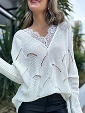 tanie Jednolite kolory-Damskie Sweter sweter Elegancki Codzienny Czyste kolory Prążkowany W serek Koronka Niejednolita całość Dzianiny Długi rękaw Długie topy Robić na drutach Codzienny Wyjściowe Biały Wiosna Jesień