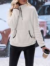 billiga Fuzzy Sweatshirts-Dam Ledigt Långärmad Hög hals Vanliga toppar Gata Vardag Dragkedja Ficka Vit Vin Blå Purpur Höst Vinter