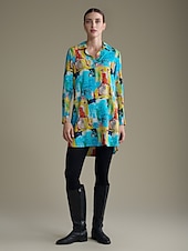 baratos vestido casual estampado-vestido mini camisa rayon graffiti com punho e lapela