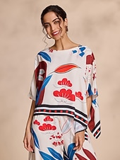  בגדי ריקוד נשים פרחוני קזו'אל יום יומי\קז'ואל שרוול מגיאר משמש מכפלת לא סדירה גדול מדפיס שרוול 4\3 אלגנטית יומי סירה רחב קיץ & אביב סתיו בין עונות