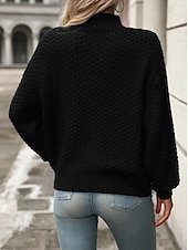 abordables Couleurs unies-Femme Pull Chandail Décontractées Flexible Couleur unie Col montant Texturé manche longue Hauts réguliers Tricoter Extérieur Travail du quotidien Noir Blanche Automne Hiver