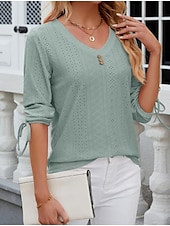 billige Blonder topper-Kvinne Hvit Elegant Blonde Topper Øyelet Bluse Stilig Moderne Ensfarget Knapper Øyelet 3/4 Lengde Ermer V-Utforming Daglig Romantisk Petit Topper Sommerferie Antrekk Hvit Rosa Lilla Grønn Sommer Vår