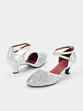 tanie Buty do tańców latynoskich-damskie srebrne, brokatowe buty do tańca latynoskiego z paskiem na kostce, idealne do występów towarzyskich