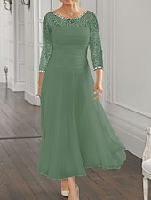 voordelige Vloerlengte-Strand Bruiloft A-Lijn Moeder van de Bruid Jurk Bruiloft Gast Elegante Juweel Hals Enkel Lengte Chiffon Kant 3/4 Lange Mouw met Pailletten Ruching 2025 gratis op maat gemaakt
