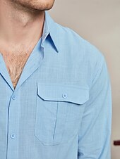 preiswerte Herren Elite Hemden-Herren Hemd Hemd aus Baumwollleinen Sommerhemd Strandbekleidung Lässiges Hemd Knopfhemd Glatt Casual Täglich Blau Langarm Kargen Frühling Sommer Bekleidung Tasche