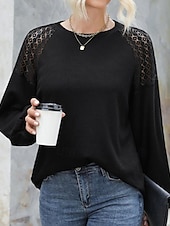 cheap Women&#039;s Dressy Tops-Women&#039;s Pullover Elegant Vintage Fashion Plain Work Dailywear Casual Crew Neck Patchwork Loose Fit Long Sleeve Black Brown Green Fall Winter