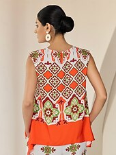 رخيصةأون القمصان والقمصان والبلوزات-تي شيرت كامي نسائي من ساتان بتصميم بوهيمي مع شق مزدوج بفتحة دائرية بدون أكمام