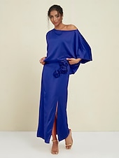 economico Women&#039;s Sets-Set di due pezzi per invitati al matrimonio in raso, collo slash floreale, maniche a Giulietta, gamba larga