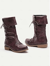 preiswerte Kampfstiefel-Burgunderrote, wandelbare Stiefel mit halbhoher Schafthöhe für Damen mit umklappbarem Schaft und Schnürdetail – vielseitiges Schuhwerk im Vintage-Stil für lässige und herbstliche Outfits