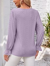 cheap Lace Tops-Women&#039;s Elegant Lace Tops Eyelet Blouse Solid Color Lace Eyelet Flutter Sleeve Long Sleeve Regular Tops V Neck Daily Romantic Petite Tops Summer Holiday Wear Pink Blue Purple Green Spring Fall
