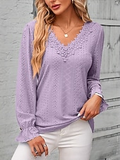 cheap Lace Tops-Women&#039;s Elegant Lace Tops Eyelet Blouse Solid Color Lace Eyelet Flutter Sleeve Long Sleeve Regular Tops V Neck Daily Romantic Petite Tops Summer Holiday Wear Pink Blue Purple Green Spring Fall