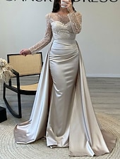 cheap CHAMPAGNE-Mermaid Sequin Evening Gown Ruched Champagne Satin Dress Long Sleeves Masquerade Floor Length Illusion Neck with Pearls Overskirt dress 2025