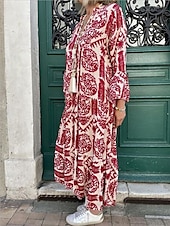levne Boho šaty-Dámské Maxi šaty Boho šaty Elegantní stylové Dovolená Denní Běžný Grafika Dlouhý rukáv Košilový límec Rubínově červená Vodní modrá Trávová zelená Léto Jaro Podzim