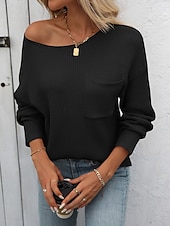 billiga Solida färger-Dam Blus Ensfärgat Stylish Modern Långärmad Rund hals Vanliga toppar Arbete Ficka Svart Blå Grön Beige Vår Höst Vinter