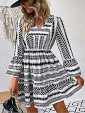 economico Abiti casual floreali-abito midi da donna con stampa geometrica e scollo a V, manica a 3/4, primavera autunno