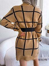 baratos Vestidos de malha-Mulheres Suéter Elegante Moda Geométrica Gola Redonda Imprimir Manga Longa Tops regulares Tricotar Trabalho Diário Amarelo Verde Outono Inverno