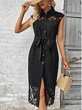 abordables Robe noire-robe noire Robe unie Femme Robe mi-longue Lacet Dentelle Plein Air Rendez-vous Décontractées Col de Chemise Sans Manches Standard Noir S M L XL