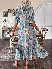 levne Boho šaty-Dámské Maxi šaty Volnočasové šaty Boho šaty stylové Na běžné nošení Denní Volný Grafika Dlouhý rukáv Do V Vodní modrá Jaro Podzim