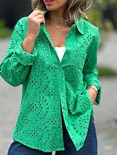 voordelige Kant Tops-dames blouse stijlvol effen kleur uitgehold lange mouw normale tops overhemdkraag dagelijks wit rood paars groen lente herfst