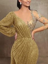 preiswerte GELB-Mermaid Pailletten Abendkleid Elegantes Kleid Formal Hof Zug Langarm Illusionskragen mit Falten Maskeradenkleid