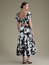 preiswerte Lässiges Kleid mit Aufdruck-Geblümtes Kleid aus Tencel-Mischung mit elastischem Bund und V-Ausschnitt