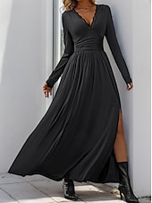 ieftine rochie maxi neagra-Pentru femei Rochie neagra Rochie Maxi Dantelă Zdrobit Dată Casual În V Manșon Lung Negru Roșu-aprins Albastru piscină Culoare