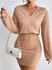 cheap Jumper Dresses-Women&#039;s Plain Dress Mini Dress Lace Backless Casual V Neck Long Sleeve Light Brown Color