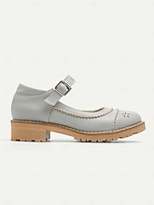 abordables Sandalias planas de mujer-Zapatos planos Mary Jane vintage para mujer: cuero gris con diseño floral recortado y correa con hebilla, perfectos para uso informal y formal.