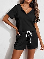 abordables Conjunto de pijama-Conjunto de pijama para mujer, color puro, informal, cómodo, para el hogar, uso diario, licra, cómodo, con escote en V, manga corta, pantalón, cintura elástica, conjuntos de verano para el hogar