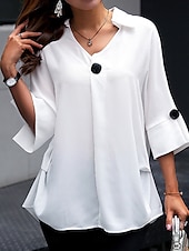 preiswerte Damen Arbeitsoberteile-Damen Bluse stylisch modern Halbarm Hemdkragen Arbeit schwarz weiß blau Frühling Herbst