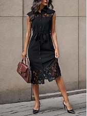 abordables Robe noire-robe noire Robe unie Femme Robe mi-longue Lacet Dentelle Plein Air Rendez-vous Décontractées Col de Chemise Sans Manches Standard Noir S M L XL