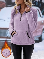 billiga Fuzzy Sweatshirts-Dam Ledigt Långärmad Hög hals Vanliga toppar Gata Vardag Dragkedja Ficka Vit Vin Blå Purpur Höst Vinter