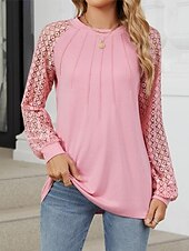 cheap Lace Tops-Women&#039;s White Elegant Lace Tops Eyelet Blouse Fashion Casual Lace Mesh Long Sleeve Regular Tops Crew Neck Daily Romantic Petite Tops Summer Holiday Wear Black White Pink Blue Summer Spring Fall