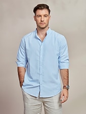 preiswerte Herren Elite Hemden-Herren Hemd Hemd mit Stehkragen Sommerhemd Strandbekleidung Knopfhemd Lässiges Hemd Blau Langarm Gestreift Ständer Hawaiianisch Festtage Bedruckt Bekleidung Baumwollmischung Modisch Klassisch