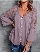 cheap Lace Tops-Women&#039;s White Elegant Lace Tops Eyelet Blouse Stylish Modern Lace Bell Sleeve 3/4 Length Sleeve V Neck Work Daily Black White Purple Green Spring Fall